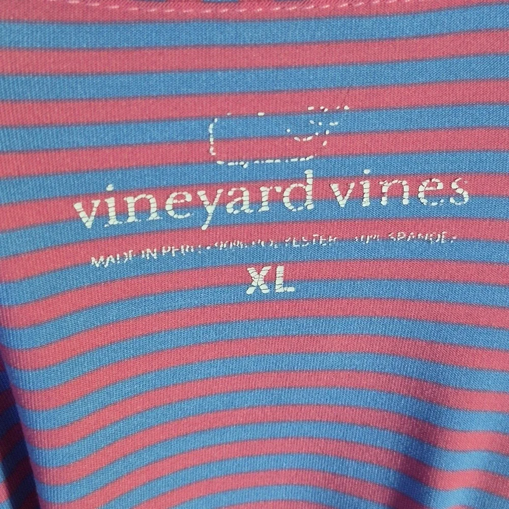 Vineyard Vines Performance Polo Short Sleeve Shirt XL Blue Pink Stripes Whale